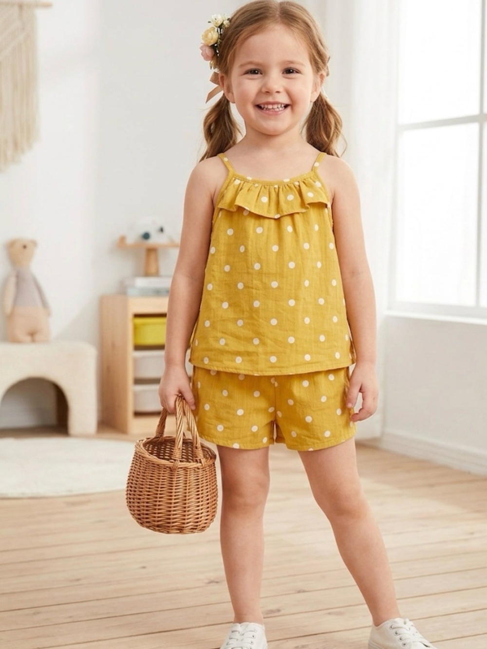 jumping beans Yellow Polka Dot Ruffle Tank & Shorts Set